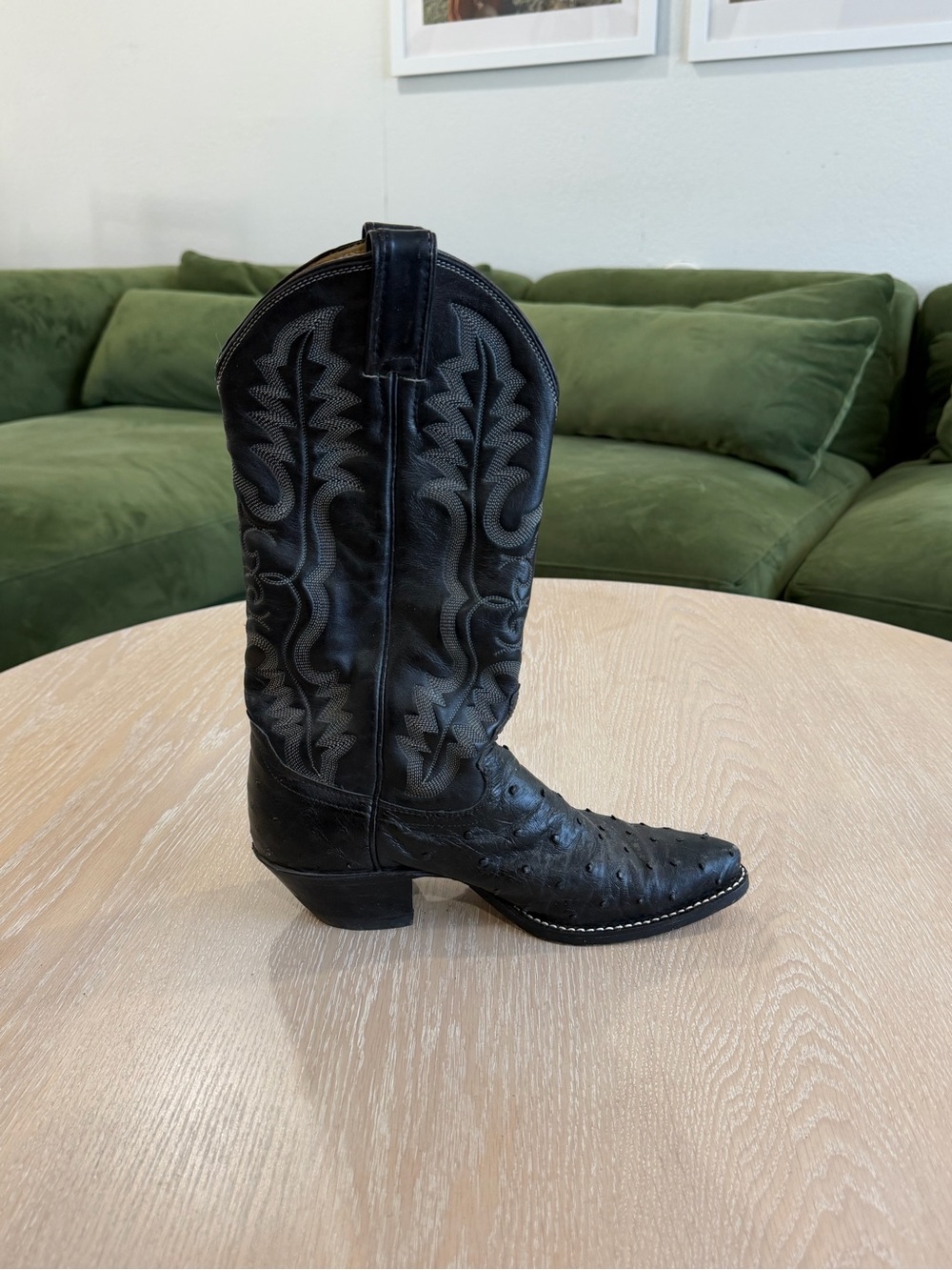 Vintage Justin Boots Black Exotic Ostrich Leather Western Heeled Cowboy Boot